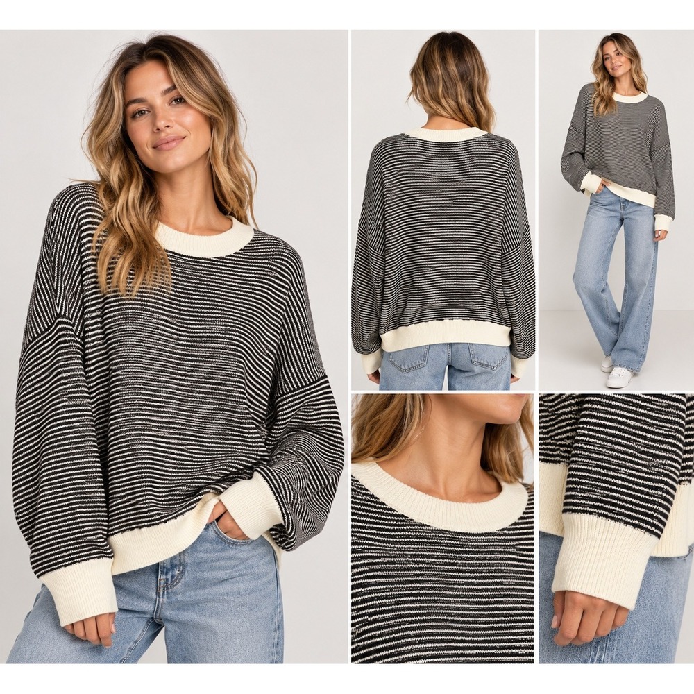 Spiritual Gangster Rue Ottoman Crew Sweater XL Black Canvas Stripe NWT $158